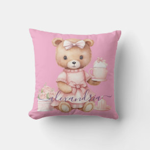 Almohada de tirar de oso de peluche rosa con nombr