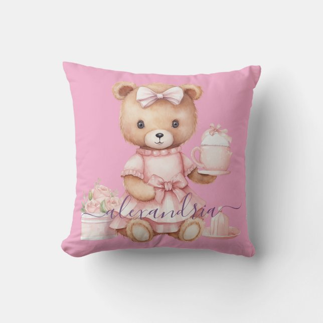 Almohada de tirar de oso de peluche rosa con nombr (Anverso)