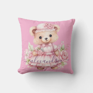 Almohada de tirar de oso de peluche rosa con nombr