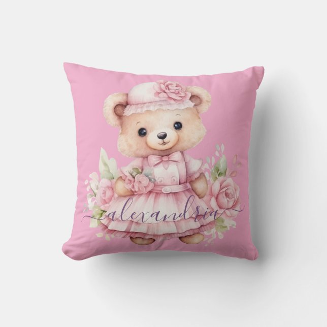 Almohada de tirar de oso de peluche rosa con nombr (Anverso)