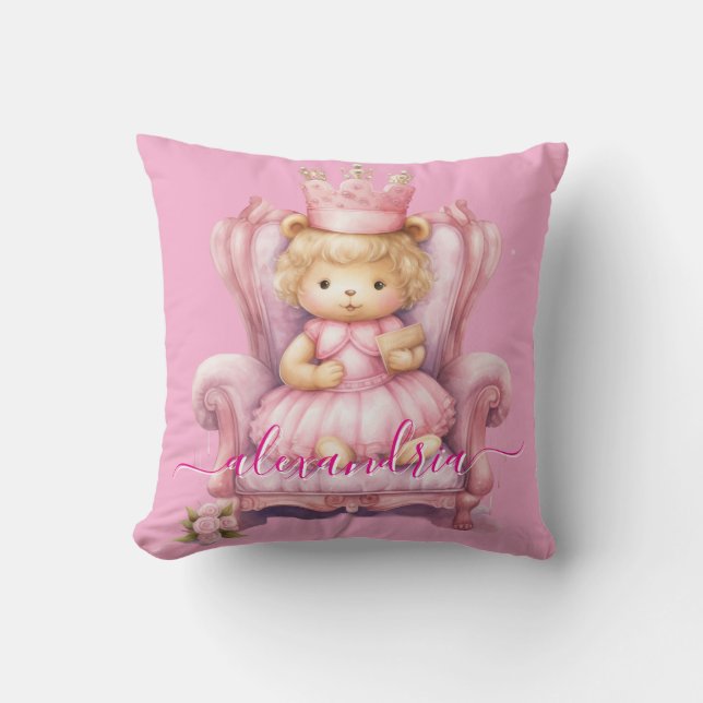 Almohada de tirar de oso de peluche rosa con nombr (Anverso)