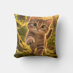 Almohada de tirar gatito lindo en bosque dorado