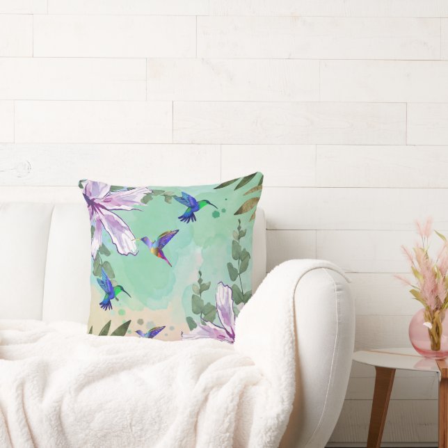 Almohada de tirar pájaros florales verdes. (Sofá)