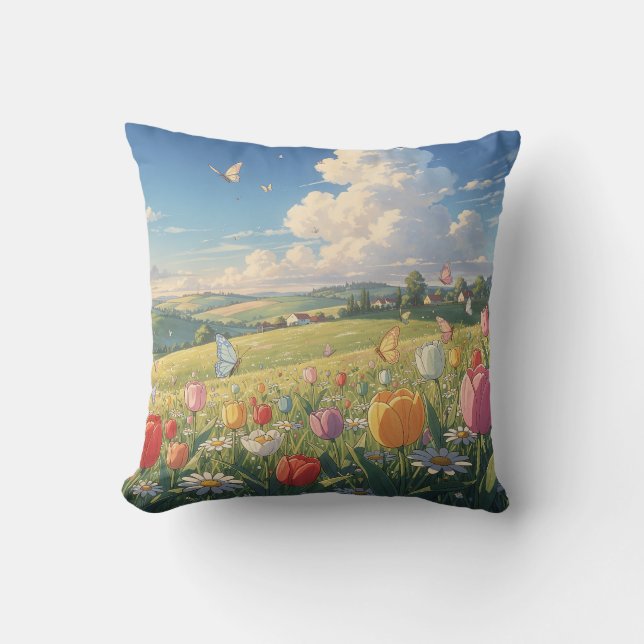Almohada de Tirar Pradera de Tulipanes de Primaver (Anverso)