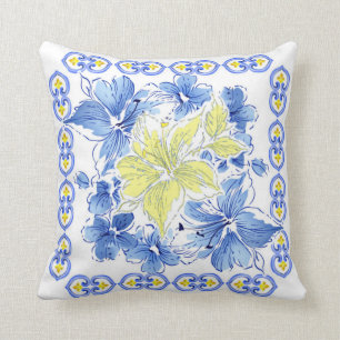 Almohada de tiro cuadrada floral azul y amarilla