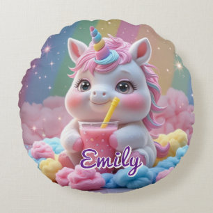 Almohada de unicornio arco iris redondo - Nombre e