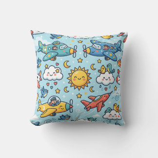 Almohada de viaje con patrón de nubes y avión