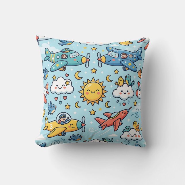 Almohada de viaje con patrón de nubes y avión (Anverso)