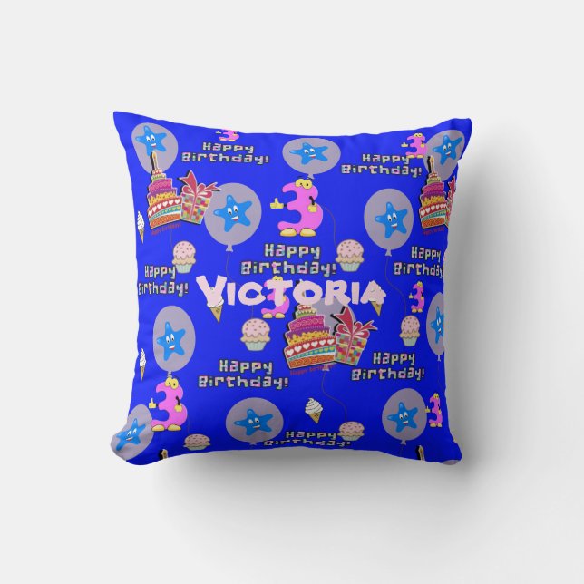 Almohada decorativa, #3 Feliz cumpleaños 3 azul (Anverso)