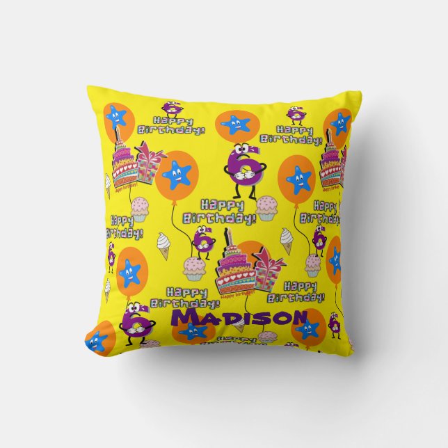 Almohada Decorativa, #6 Feliz Cumpleaños 6 Amarill (Anverso)