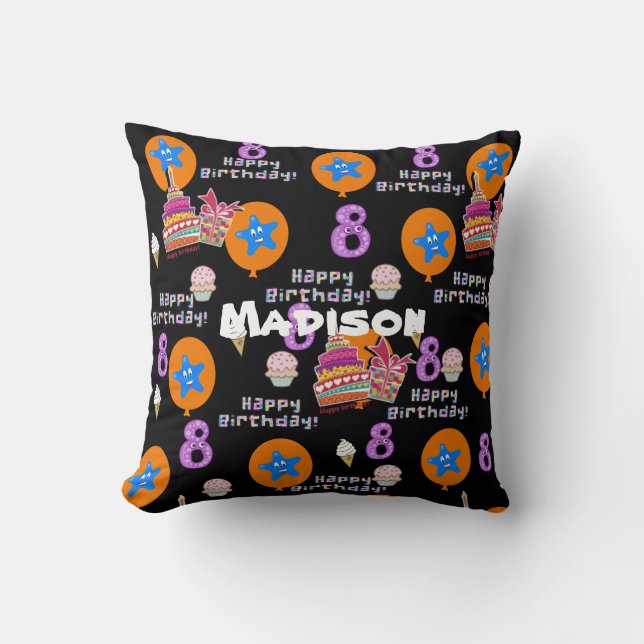 Almohada Decorativa, #8 Feliz Cumpleaños 8 Negro (Anverso)