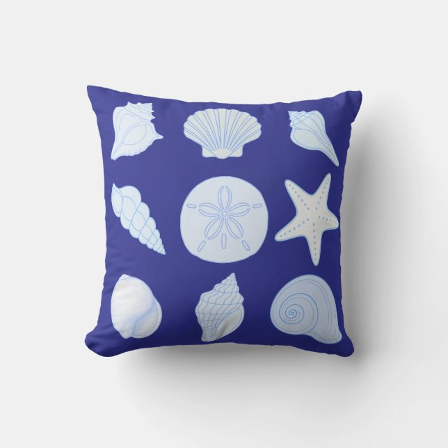 Almohada decorativa azul océano con conchas marina (Anverso)