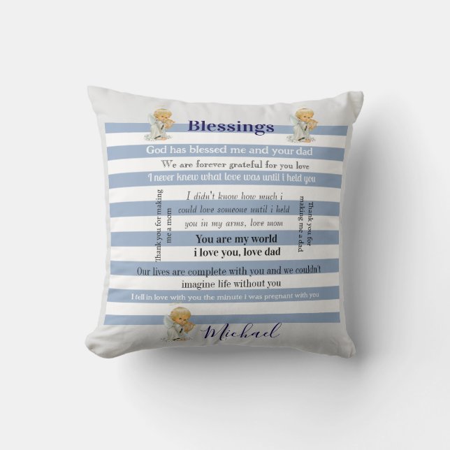 Almohada decorativa Blue & White Stripe Blessings  (Anverso)