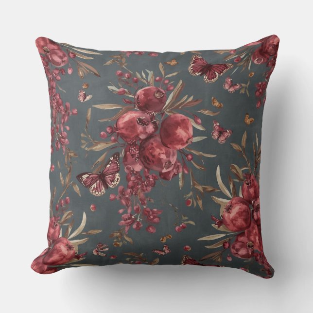 Almohada decorativa botánica de granada y olivo |  (Anverso)