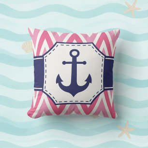 Almohada decorativa con ancla rosa y azul marino
