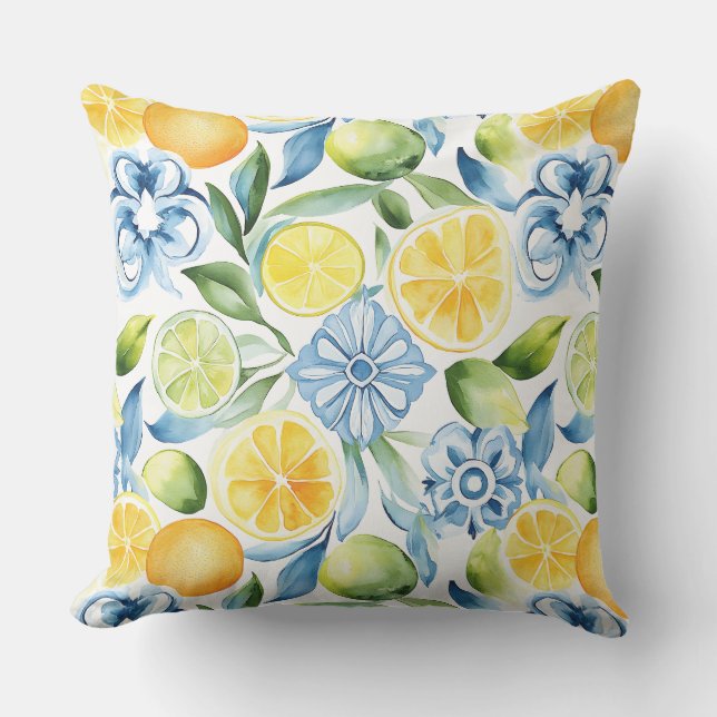 Almohada decorativa con patrón de limón y azul (Anverso)