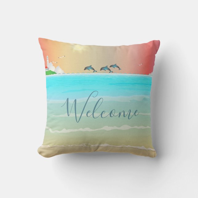 Almohada decorativa con temática de playa y delfin (Anverso)