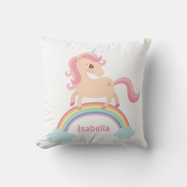 Almohada decorativa con unicornio lindo en arcoíri (Anverso)