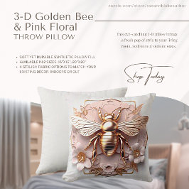 Almohada decorativa de abeja dorada y floral rosa 