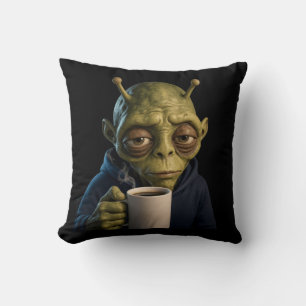 Almohada decorativa de alien cansado con café de l