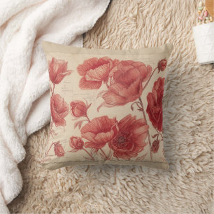 Almohada decorativa de amapola botánica roja antig