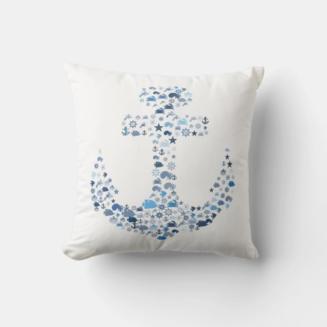 Almohada decorativa de ancla náutica y peces para  (Anverso)