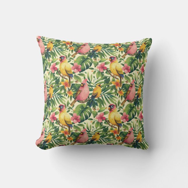 Almohada decorativa de aves y mariposas tropicales (Anverso)