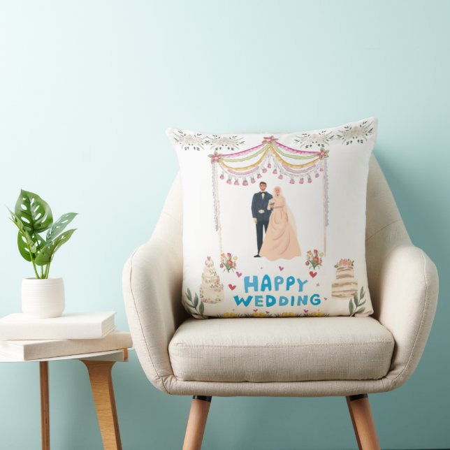 Almohada decorativa de boda feliz – Fondo blanco  (Silla)