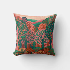 Almohada decorativa de bosque otoñal rosa y esmera