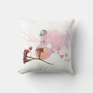 Almohada decorativa de botella de perfume rosa y f