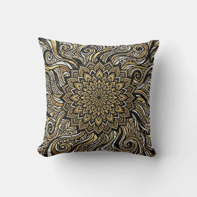 Almohada decorativa de círculo mandala dorado (Anverso)