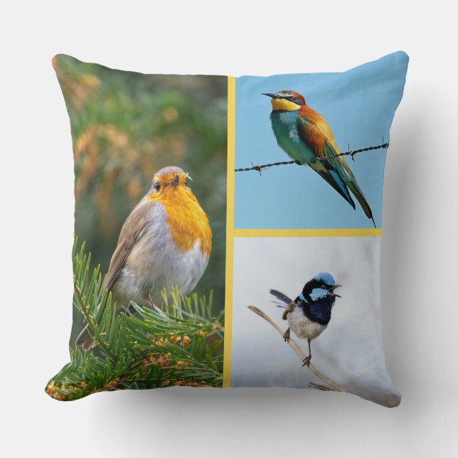 Almohada decorativa de colage de aves vibrantes (Anverso)