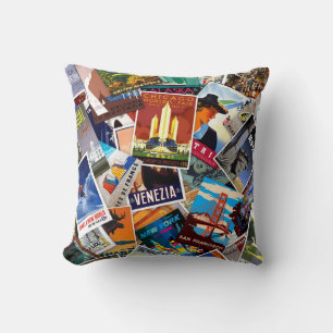 Almohada decorativa de collage de cartel de viaje
