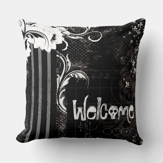 Almohada decorativa de cráneo floral blanco y negr (Anverso)