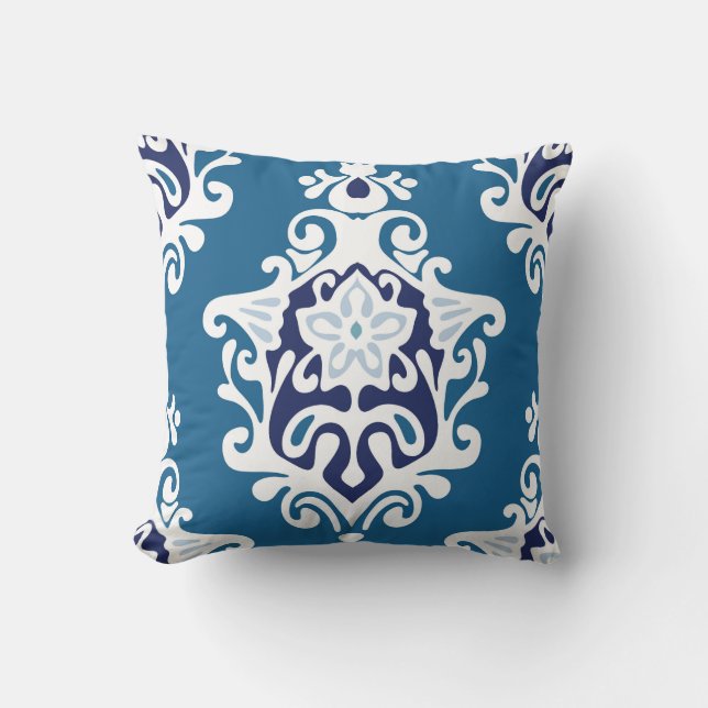 Almohada decorativa de Damasco Azul (Anverso)