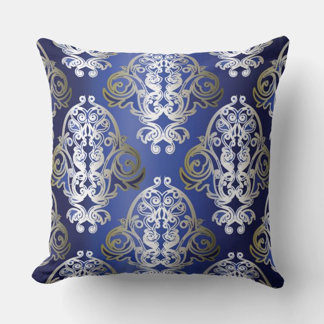Almohada Decorativa de Damasco Azul Dorado (Anverso)