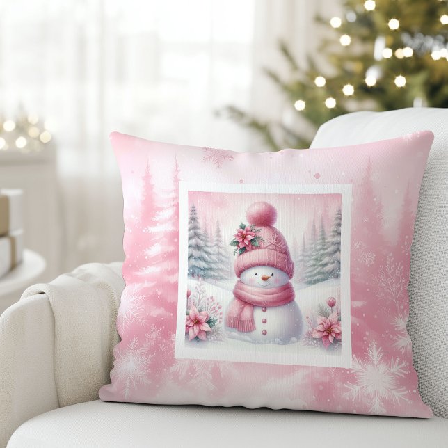 Almohada decorativa de escena invernal alegre con  (Pink Joy Snowman Cute Winter Scene Decor Pillow)