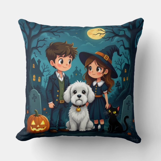 Almohada Decorativa de Fantasmas, Calabazas y Murc (Anverso)
