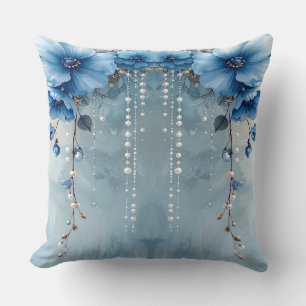 Almohada Decorativa de Flores Azules y Perlas