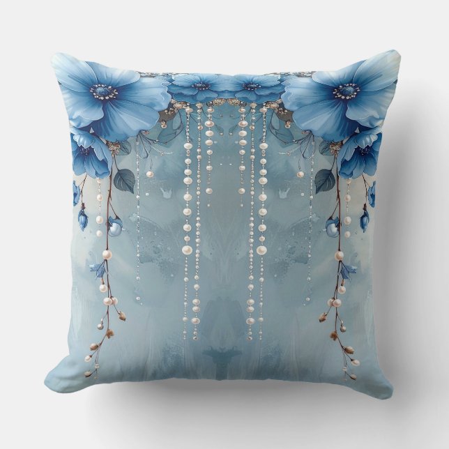 Almohada Decorativa de Flores Azules y Perlas (Anverso)