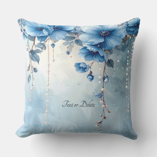 Almohada Decorativa de Flores Azules y Perlas (Anverso)
