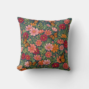 Almohada decorativa de flores de cosmos y mariposa