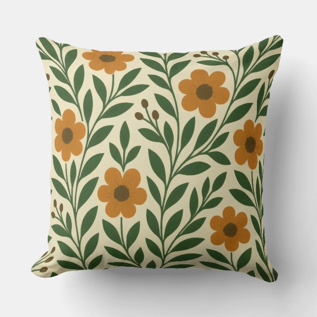 Almohada Decorativa de Flores Naranjas y Verdes (Anverso)
