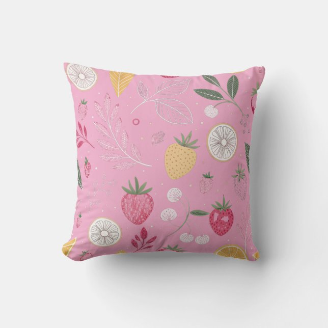 Almohada decorativa de fresa rosa y patrón floral (Anverso)