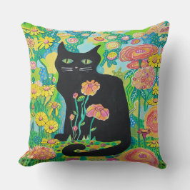 Almohada decorativa de gato negro en flores Decora