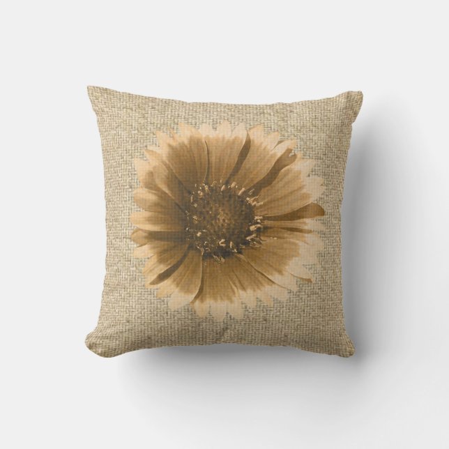 almohada decorativa de girasol rústico de Burlap (Anverso)