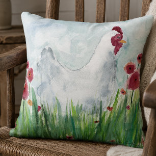 Almohada decorativa de granja con gallina y amapol