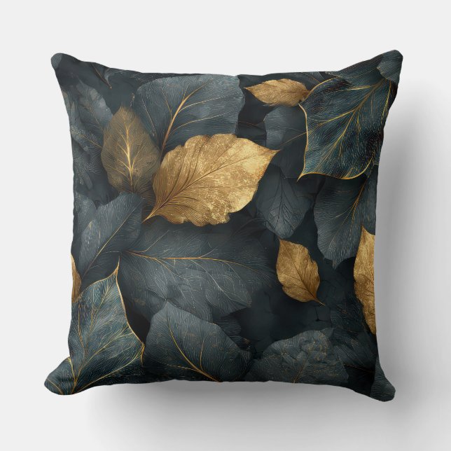 Almohada decorativa de hojas botánicas de oro oscu (Anverso)