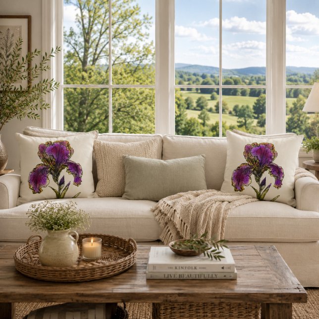 Almohada decorativa de iris púrpura botánico vinta (A timeless botanical accent for cozy spaces and quiet moments.)