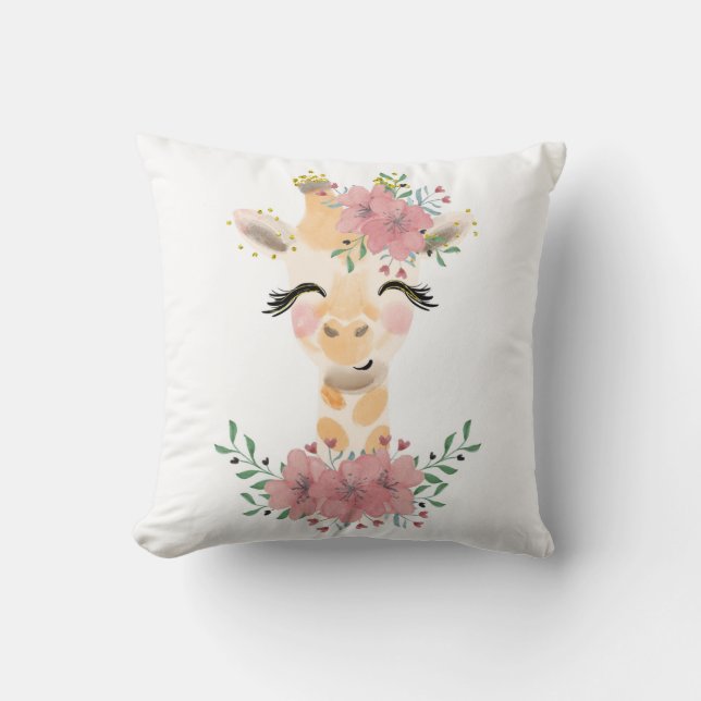 Almohada decorativa de jirafa con flores en acuare (Anverso)